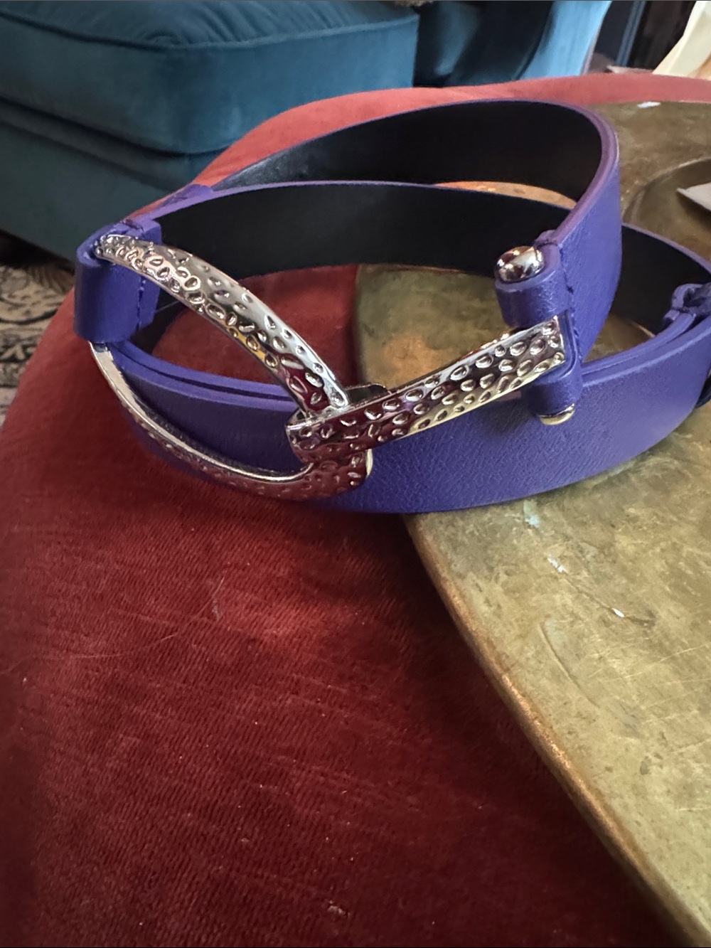 Chico's Purple Faux Leather Belt with Textured Silver Buckle